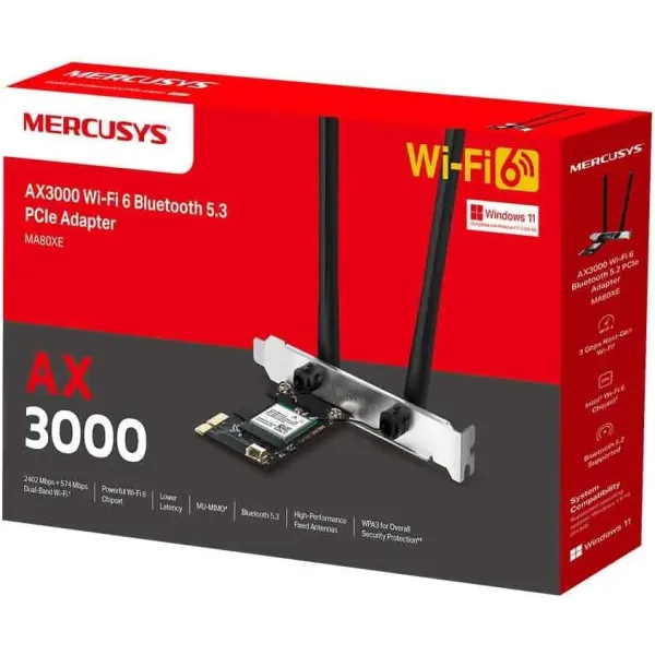 Carte WiFi PCIe AX3000Mbps MERCUSYS, Bluetooth 5.3, Bi-Bande (5GHz/2.4GHz), Chipset Intel Wi-FI 6E, WPA3