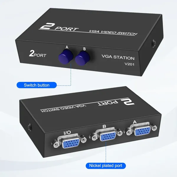 Kit Commutateur VGA 2 en 1 Audio Vidéo Répartiteur Dual Monitor 1080P + 3 câbles VGA